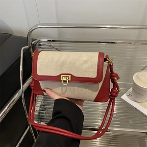Sac Bandoulière Femme En Toile Et Cuir PU Contraste Vintage Sac À Épaule Avec Fermoir Métallique Et Bandoulière À Noeud