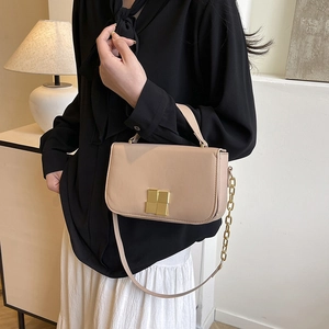 Elegant apricot PU leather flap bag with gold square lock and chain shoulder strap