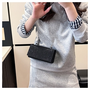 Glitter evening clutch with silver metal handle and chain strap worn by a model