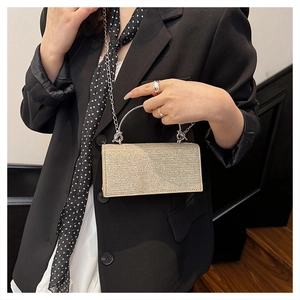Detailed shot of a shimmering champagne gold evening clutch bag with ring handle and chain