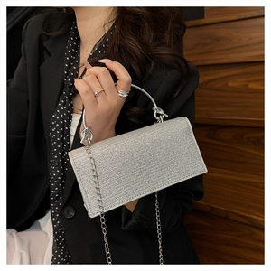 Silver sequin evening clutch bag with metal handle and chain strap on a model