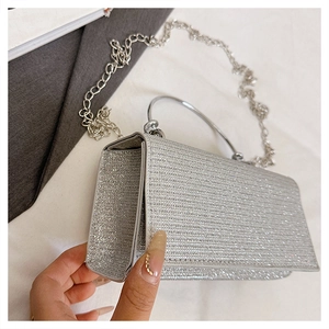 Detail of silver sequined evening bag with arc metal handle and delicate chain strap