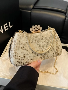 Luxury Women Evening Bag Crown Clasp Lace Rhinestone Clutch Purse Elegant Party Handbag Round Metal Handle Chain Bag
