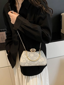 Elegant white sequin evening clutch bag with gold crown clasp and fine chain strap