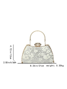 White lace evening bag with rhinestones, gold handle and crown clasp, 21x12x6.5cm