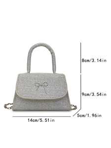 Silver glitter bow handbag with chain strap and dimensions 14x5x9 cm for women