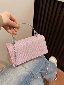 Elegant pink rhinestone evening bag with silver metal handle and chain strap for women