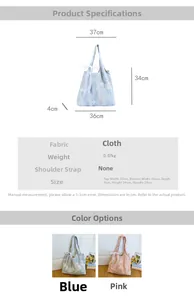 Detail showing dimension diagram and floral printed canvas bag with lace ribbon decor
