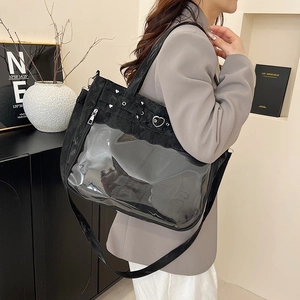 Japanese style black ita bag tote with clear window and heart metal charms