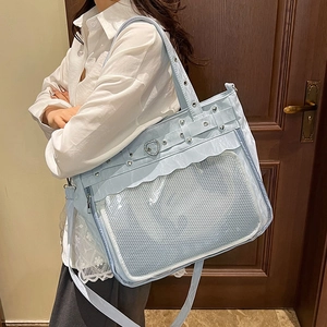 Light blue ita bag tote with heart-shaped metal buckle and transparent display window