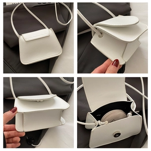 Detailansichten der weißen Mini-Umhängetasche mit Litchi-Struktur und Innenfach-Details