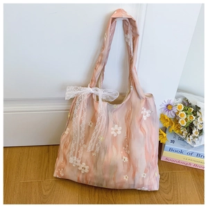 Detailed embroidery and lace bow on pink floral tie-dye canvas tote shoulder bag