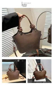 Detailed views of coffee brown vintage bucket bag with unique knotted handle and metal rings