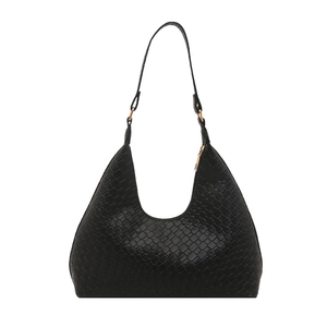 Minimalist black woven leather hobo shoulder bag with elegant gold metal buckles