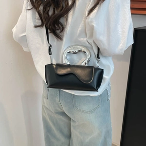 Designer black PU crossbody bag for women with unique silver artistic metal handle