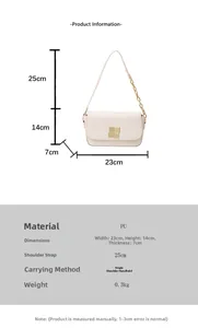 Detailed size chart for minimalist PU leather shoulder bag showing 23x14x7cm dimensions