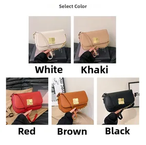 Close-up of stylish flap crossbody bags in five colors with gold chain straps