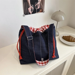 Retro denim crossbody bag with red checkered drawstring and adjustable strap for students