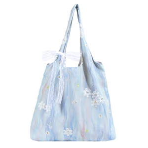 Borsa tote floreale pastello con fiocco in pizzo bianco e ricami floreali 3D primavera