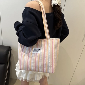 Colorful vertical stripe canvas tote bag for women with large capacity shoulder design