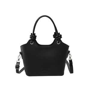 Minimalist black bucket bag with knotted handle and adjustable crossbody strap