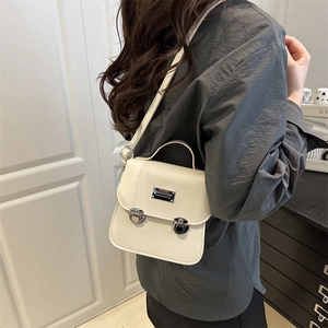 Cream retro crossbody messenger bag for women with silver buckles and handle strap