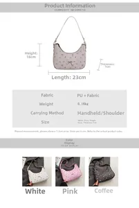 Detailed dimension guide and color options for the French-style bow accent crescent bag