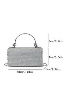 Elegant silver glitter evening handbag with chain and dimensions 18x9x6cm shown in main view