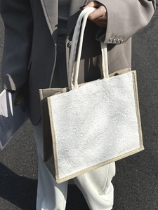 Chic linen tote bag with fleece splicing and rope handles for women spring 2025 fashion