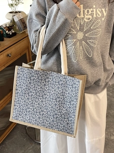 Floral printed jute tote bag with thick cotton handles for daily casual use