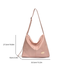 Pink patent leather hobo bag with dimensions 33.5x27.5x10cm shown on white background