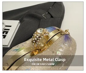 Macro shot of a champagne sequin evening bag featuring a crystal ring clasp detail