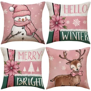Christmas Pillowcases Linen Blend Snowman Reindeer Print Pink Green Soft Cushion Covers For Sofa Living Room Bedroom Decor