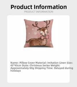 Close-up of linen Christmas pillow cover with reindeer pattern and size specifications