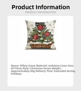 Détail d'une housse de coussin Noël montrant la taille 45x45cm et le tissu en lin