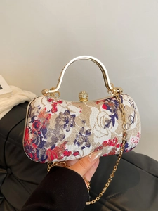 Vintage Floral Embroidery Evening Bag For Women Satin Metal Handle Rhinestone Chain Shoulder Crossbody Bag Banquet Party