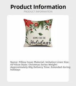 Linen Christmas pillow cover detail with festive holly pattern and holiday text