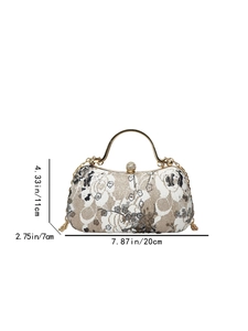 Elegant floral embroidery evening bag with crystal lock and gold chain strap, 20x11x7cm