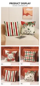 Detail showing four different Christmas linen pillow covers with holiday patterns and text
