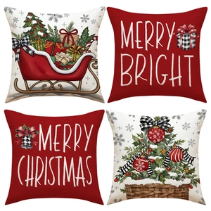 Housses De Coussin De Noël En Lin Motif Traîneau Arbre Lettre Merry Christmas Carré Décoration De Canapé Pour Chambre