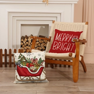 Housses de coussin de Noël avec lettrage Merry Bright et traîneau pour le canapé