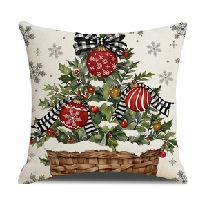 Housse de coussin Noël avec feuilles de houx et nœud à carreaux sur lin blanc cassé