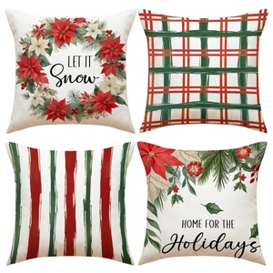 Christmas Poinsettia Plaid Stripes Linen Blend Pillow Covers Holiday Home Decor Cushion Cases Square Decorative