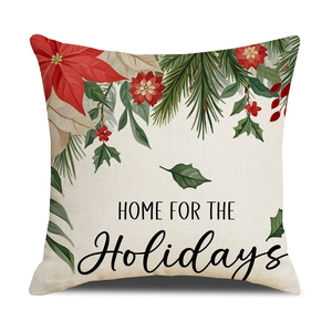 Linen Christmas pillow cover with poinsettia pattern and Home for the Holidays text