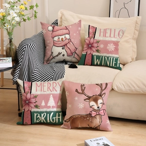 Set of 4 Christmas linen pillow covers with pink snowman and reindeer designs for sofa decor