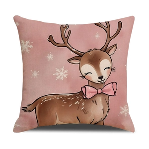 Christmas reindeer printed linen pillowcase with snowflake background and pink gradient
