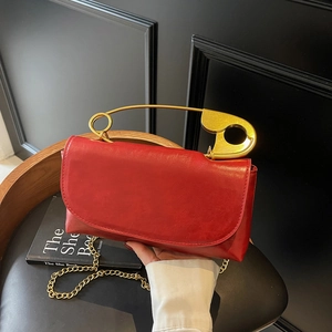 Creative Safety Pin Handle Women Crossbody Bag PU Leather Solid Color Chain Shoulder Bag Small Square Handbag For Daily