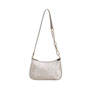 Elegant silver silk tote bag with 3D butterfly embroidery and chain strap detail