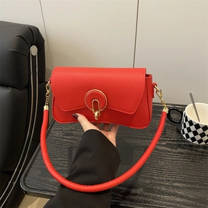 Women Underarm Shoulder Bag PU Leather Gold Circular Metal Buckle Trendy Niche Design Square Flap Bag