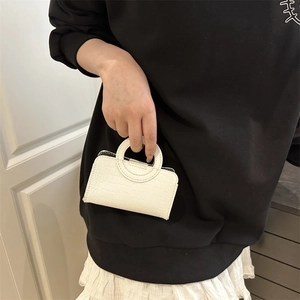 Mini cream faux crocodile leather handbag with circular top handles for women